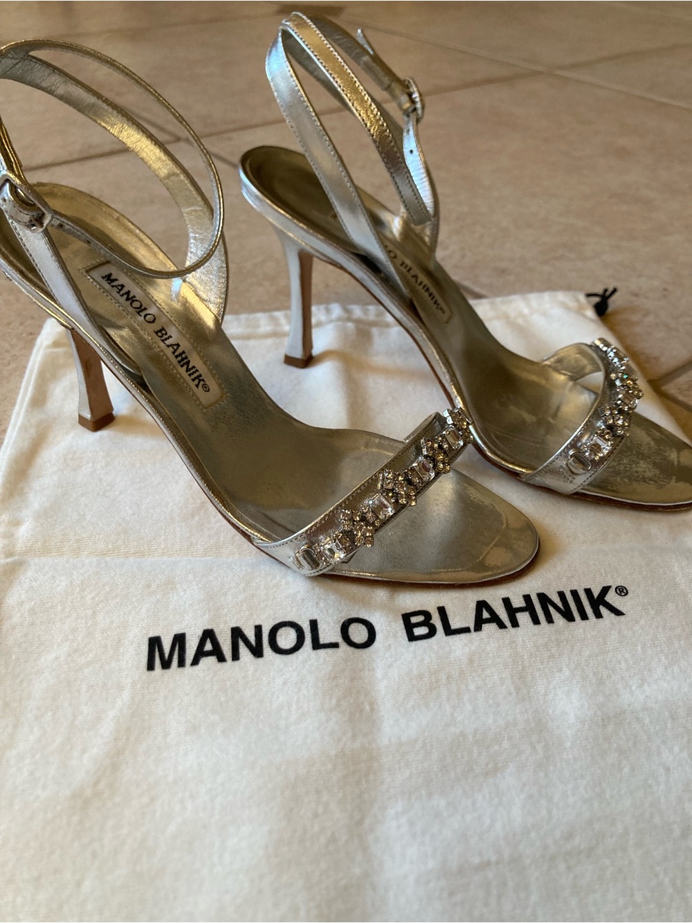 Manolo Blahnik Metallic Silver Crystal-Embellished Slingback Heels